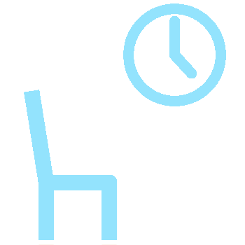 The image depicts a stylized illustration of a person sitting on a chair and holding a book, with a clock in the background.